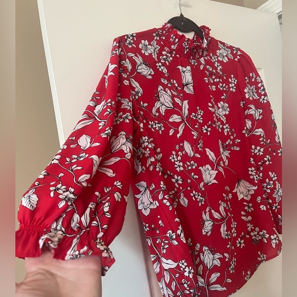 Adrienne Vittadini Rich Red Floral Chiffon Semi Sheer Long Sleeve Blouse SZ S - Picture 8 of 16